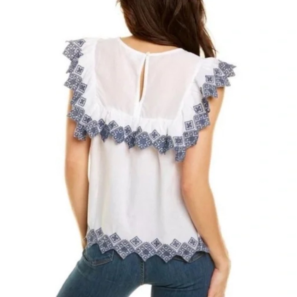 JENNIFER & GRACE embroidered SLEEVELESS  cotton RUFFLE top LARGE white/blue - Picture 4 of 6